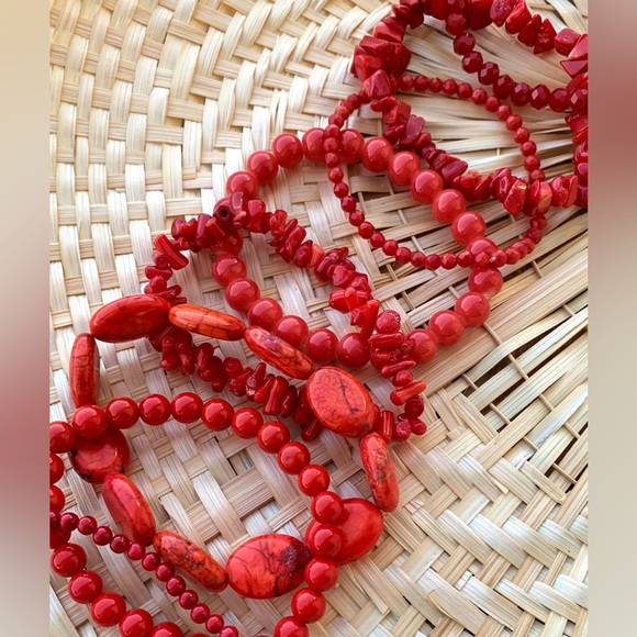 Natural Red Bamboo Coral & Genuine Jasper Gemstone Mixed Beads Bracelet Stack - Picture 10 of 11